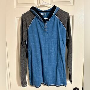 Men’s BKE buckle Henley pull over hooded shirt button down top blue grey Medium